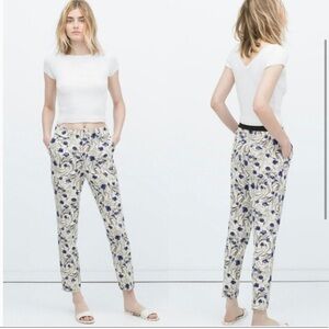 Zara White Floral Trousers Medium